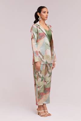 Awesome multi-color satin crop top with pant and blazer 4