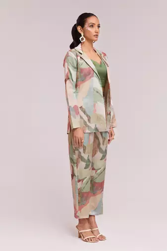 Awesome multi-color satin crop top with pant and blazer