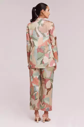 Awesome multi-color satin crop top with pant and blazer