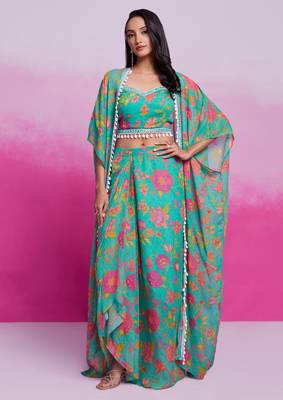 Fabulous turquoise georgette western wear crop top skirt with shrug 1