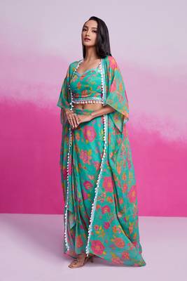 Fabulous turquoise georgette western wear crop top skirt with shrug 2