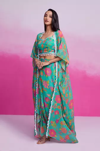 Fabulous turquoise georgette western wear crop top skirt with shrug