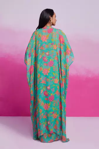 Fabulous turquoise georgette western wear crop top skirt with shrug
