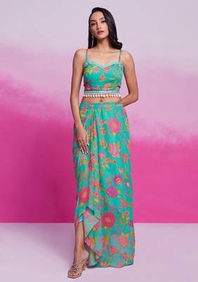 Fabulous turquoise georgette western wear crop top skirt with shrug 4