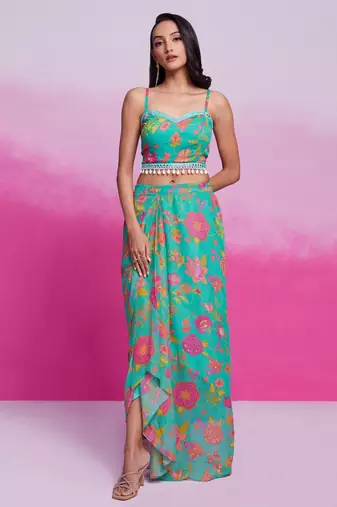 Fabulous turquoise georgette western wear crop top skirt with shrug