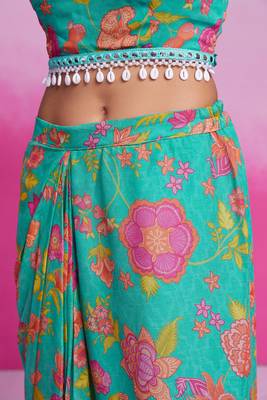 Fabulous turquoise georgette western wear crop top skirt with shrug 5