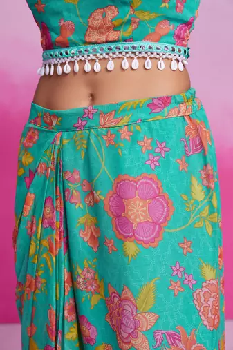 Fabulous turquoise georgette western wear crop top skirt with shrug