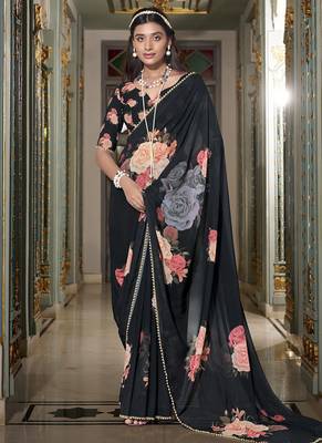 Georgette Printed Saree with Pearl Lace Elegance 1