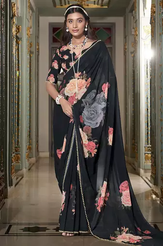 Grace Redefined  Georgette Printed Saree with Pearl Lace Elegance