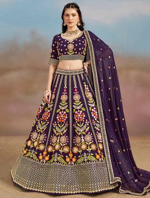 Bewitching Purple Sequins, Zari, Dori and Multi Color Thread Embroidered georgette designer wedding indian lehenga choli 1