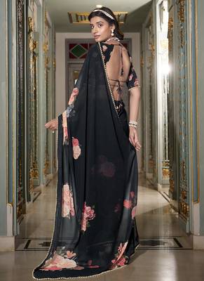 Georgette Printed Saree with Pearl Lace Elegance 3