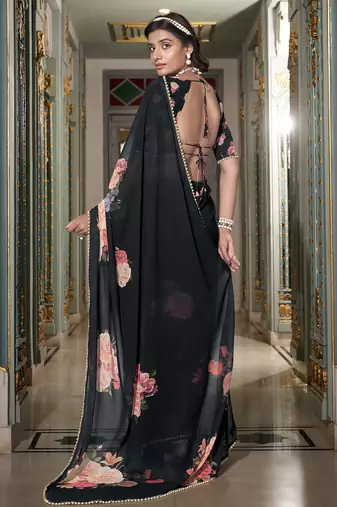 Georgette Printed Saree with Pearl Lace Elegance