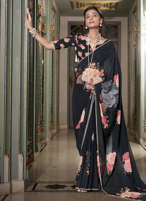 Georgette Printed Saree with Pearl Lace Elegance 5