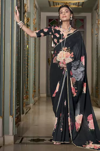Georgette Printed Saree with Pearl Lace Elegance