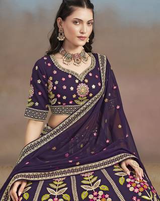 Bewitching Purple Sequins, Zari, Dori and Multi Color Thread Embroidered georgette designer wedding indian lehenga choli 2