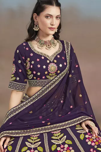 Bewitching Purple Sequins, Zari, Dori and Multi Color Thread Embroidered georgette designer wedding indian lehenga choli