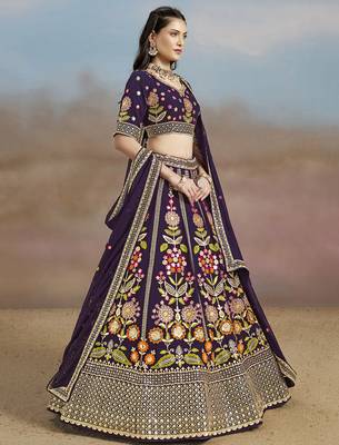 Bewitching Purple Sequins, Zari, Dori and Multi Color Thread Embroidered georgette designer wedding indian lehenga choli 3