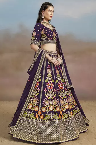 Bewitching Purple Sequins, Zari, Dori and Multi Color Thread Embroidered georgette designer wedding indian lehenga choli