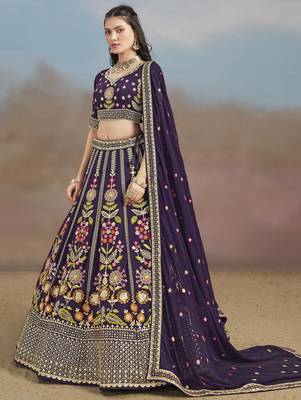 Bewitching Purple Sequins, Zari, Dori and Multi Color Thread Embroidered georgette designer wedding indian lehenga choli 4