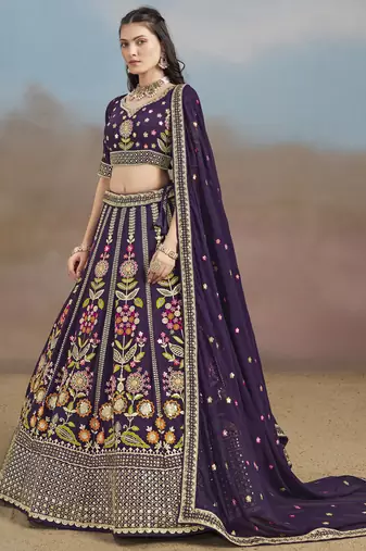 Bewitching Purple Sequins, Zari, Dori and Multi Color Thread Embroidered georgette designer wedding indian lehenga choli