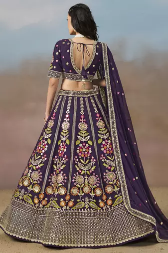 Bewitching Purple Sequins, Zari, Dori and Multi Color Thread Embroidered georgette designer wedding indian lehenga choli