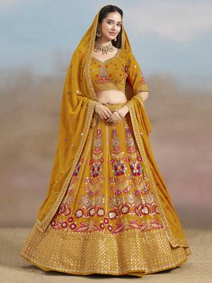 Mustard yellow Sequins Zari Dori and Multi Color Thread Embroidered georgette designer wedding indian dress lehenga 1