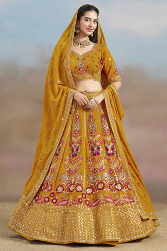 Mustard yellow Sequins, Zari, Dori and Multi Color Thread Embroidered georgette designer wedding indian dress lehenga