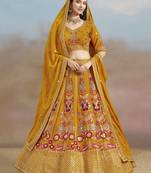 Mustard yellow Sequins, Zari, Dori and Multi Color Thread Embroidered georgette designer wedding indian dress lehenga