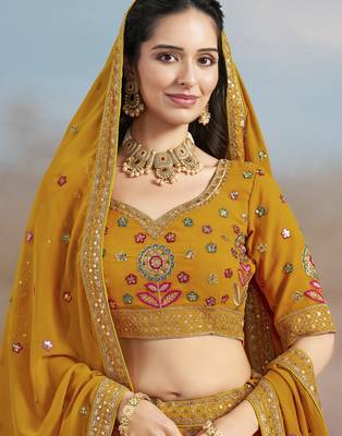 Mustard yellow Sequins Zari Dori and Multi Color Thread Embroidered georgette designer wedding indian dress lehenga 2