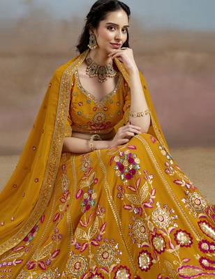 Mustard yellow Sequins Zari Dori and Multi Color Thread Embroidered georgette designer wedding indian dress lehenga 3