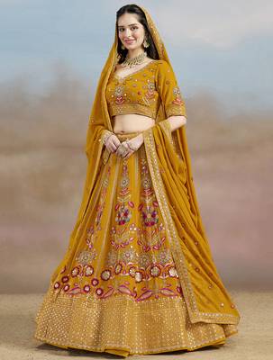 Mustard yellow Sequins Zari Dori and Multi Color Thread Embroidered georgette designer wedding indian dress lehenga 4