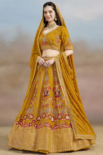 Mustard yellow Sequins, Zari, Dori and Multi Color Thread Embroidered georgette designer wedding indian dress lehenga