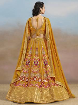 Mustard yellow Sequins Zari Dori and Multi Color Thread Embroidered georgette designer wedding indian dress lehenga 5