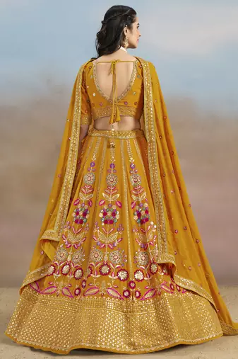 Mustard yellow Sequins, Zari, Dori and Multi Color Thread Embroidered georgette designer wedding indian dress lehenga