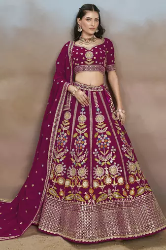 Delightful Pink Sequins, Zari, Dori and Multi Color Thread Embroidered georgette wedding designer indian lehenga choli