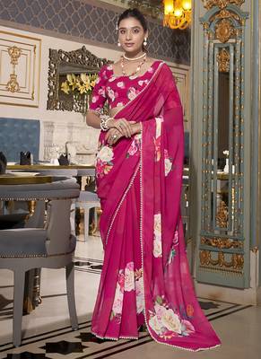 Georgette Printed Saree with Pearl Lace Elegance 1