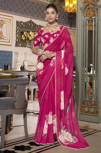 Grace Redefined  Georgette Printed Saree with Pearl Lace Elegance