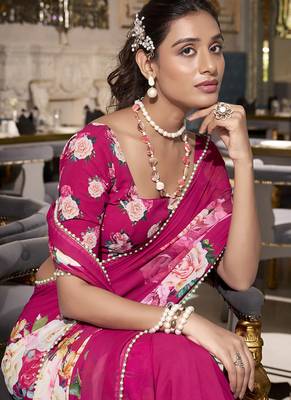 Georgette Printed Saree with Pearl Lace Elegance 2