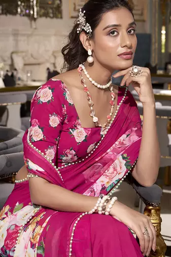 Georgette Printed Saree with Pearl Lace Elegance