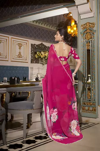 Georgette Printed Saree with Pearl Lace Elegance
