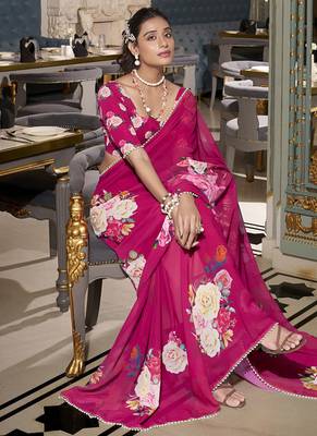 Georgette Printed Saree with Pearl Lace Elegance 4