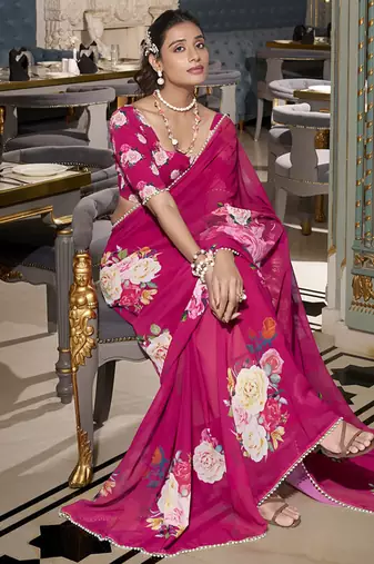 Georgette Printed Saree with Pearl Lace Elegance