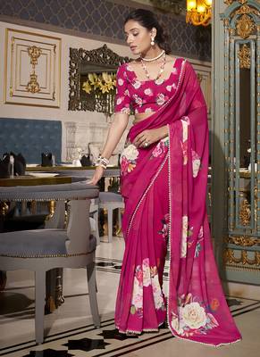 Georgette Printed Saree with Pearl Lace Elegance 5