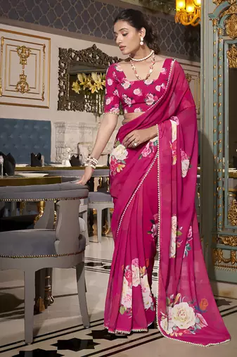 Georgette Printed Saree with Pearl Lace Elegance