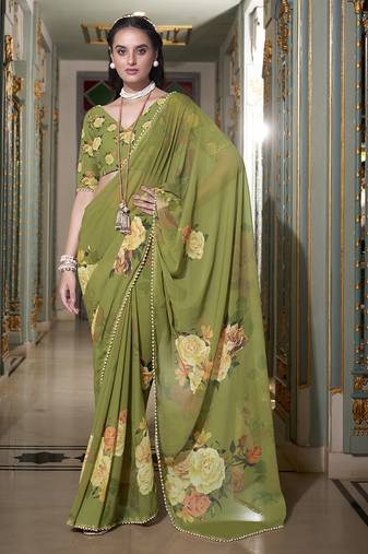 Georgette Printed Saree with Pearl Lace Elegance