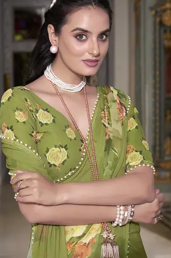 Georgette Printed Saree with Pearl Lace Elegance