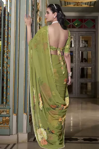 Georgette Printed Saree with Pearl Lace Elegance