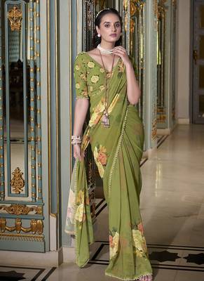 Georgette Printed Saree with Pearl Lace Elegance 4