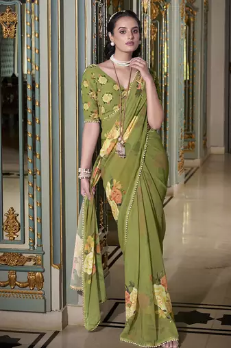Georgette Printed Saree with Pearl Lace Elegance