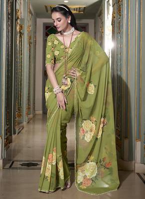 Georgette Printed Saree with Pearl Lace Elegance 5
